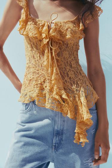Zara LACE RUFFLE TOP - Light orange