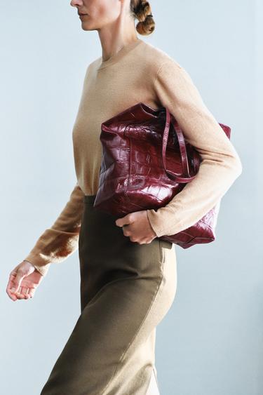 SAC SHOPPER EN CUIR À IMPRIMÉ ANIMALIER - Rouge de Zara
