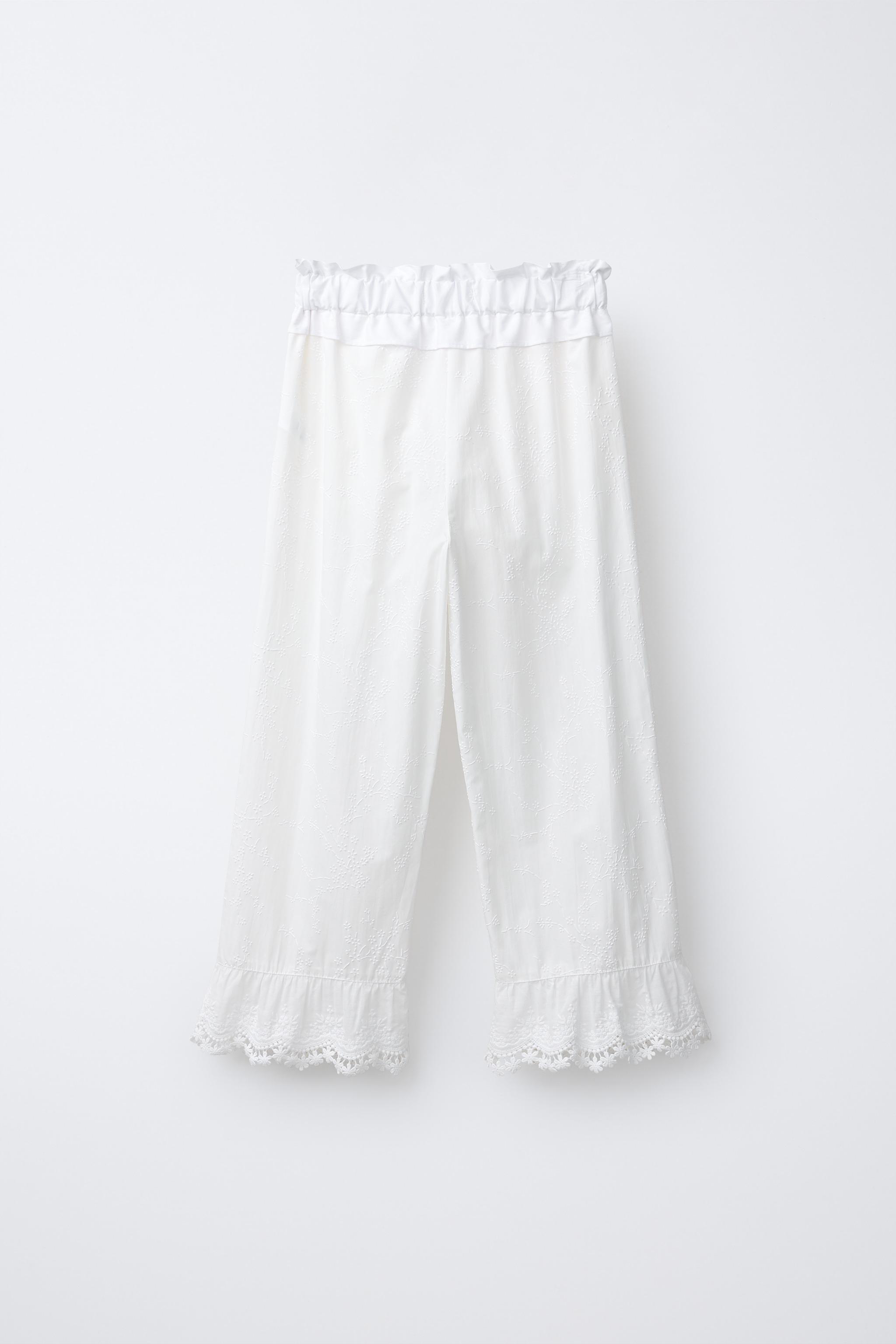 RUFFLED AND EMBROIDERED PANTS — White