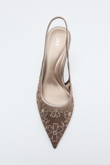 CHAUSSURES À TALONS EN MESH BRODÉ - Gris taupe de Zara