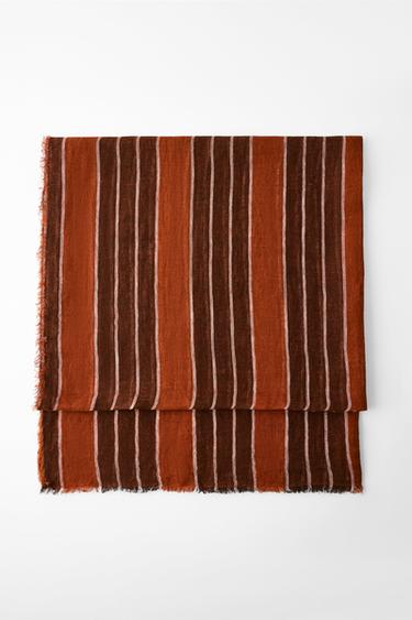 Zara 100% LINEN STRIPED PRINT SCARF - Russet