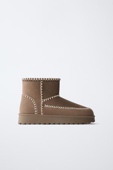 FAUX SHEARLING ANKLE BOOTS WITH STITCHING - Brown by Zara