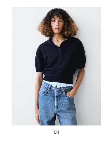 Pull polo laine en maille - Bleu marine de Zara
