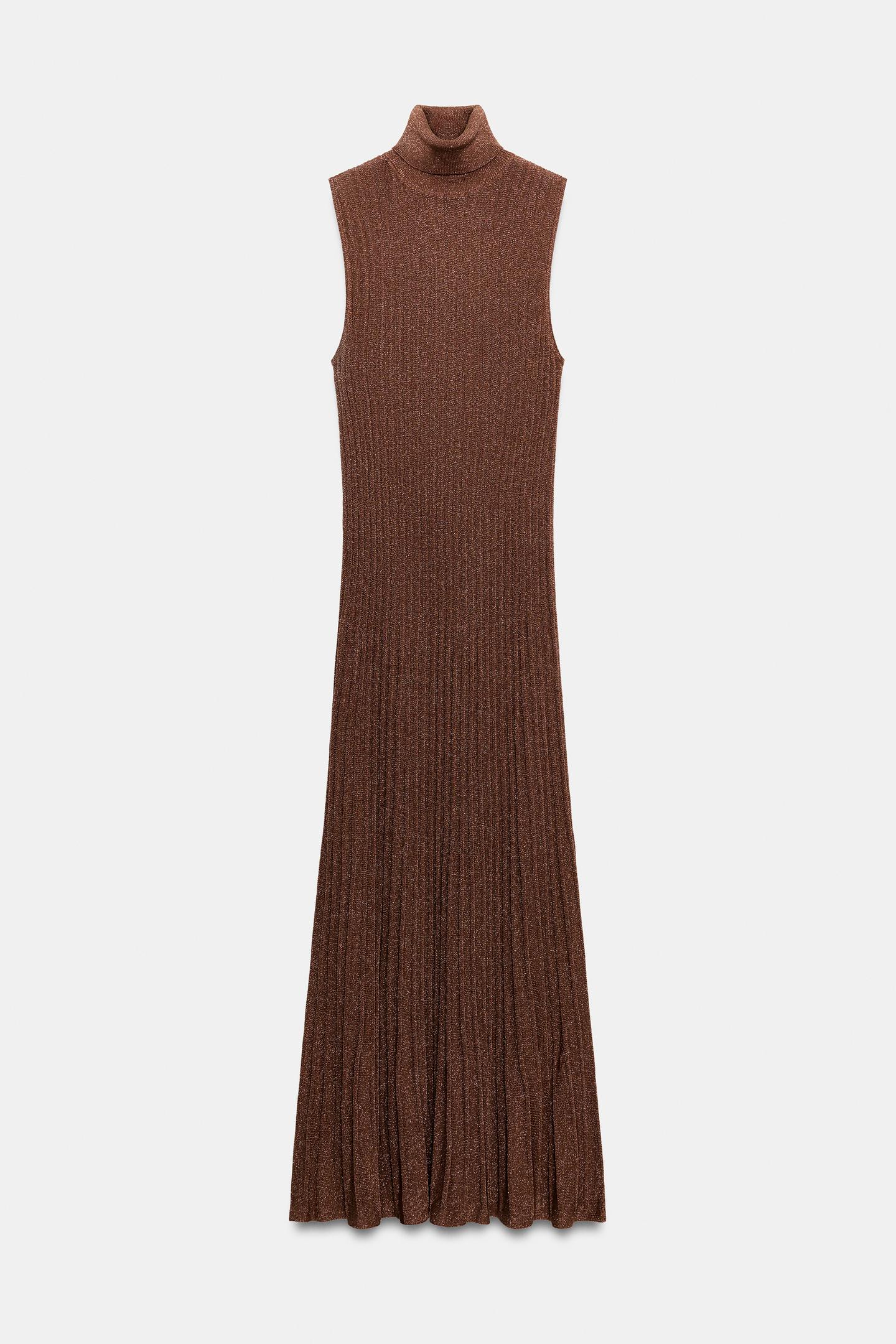 Женское платье Zara Metallic Yarn Ribbed Maxi, цвет: Золотой — фото 7