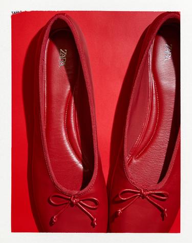 LEATHER BOW BALLET FLATS - Red by Zara
