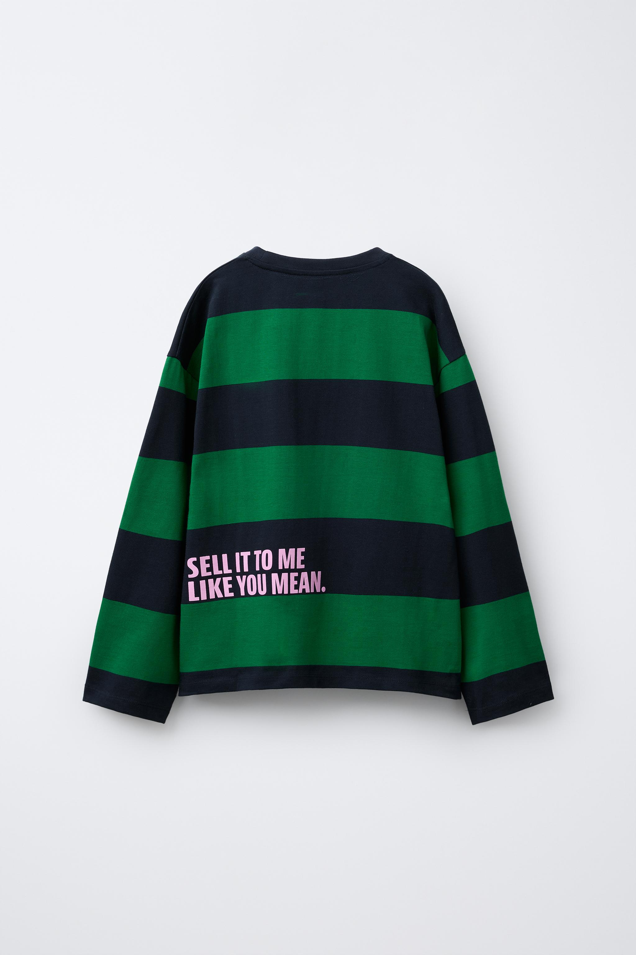 ヘビーウェイトストライプテキストTシャツ - グリーン | ZARA ヘビーウェイトストライプテキストTシャツ - グリーン | ZARA