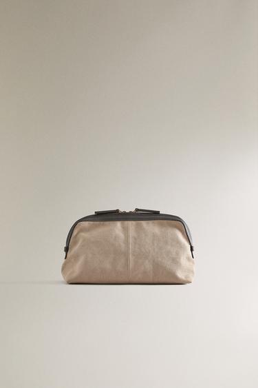 CANVAS AND LEATHER WASH BAG - Taupe Grey by Zara