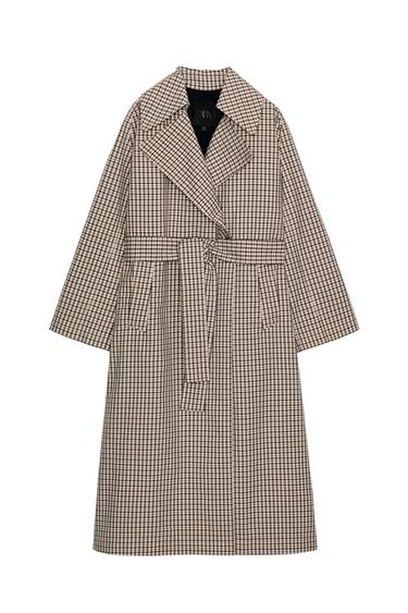 Zara ZW COLLECTION OVERSIZED PLAID TRENCH COAT - Beige / Green
