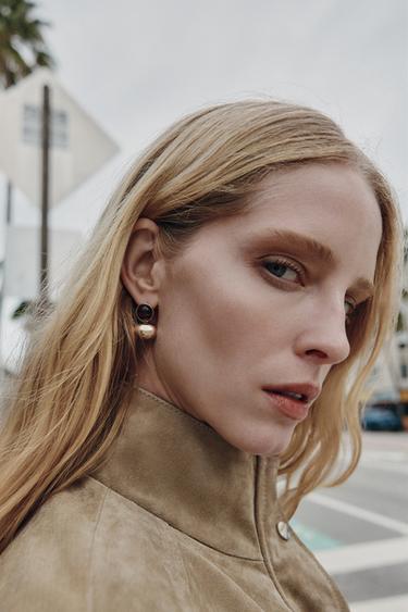 DOUBLE BALL STONE EARRINGS - Golden by Zara - Image 0