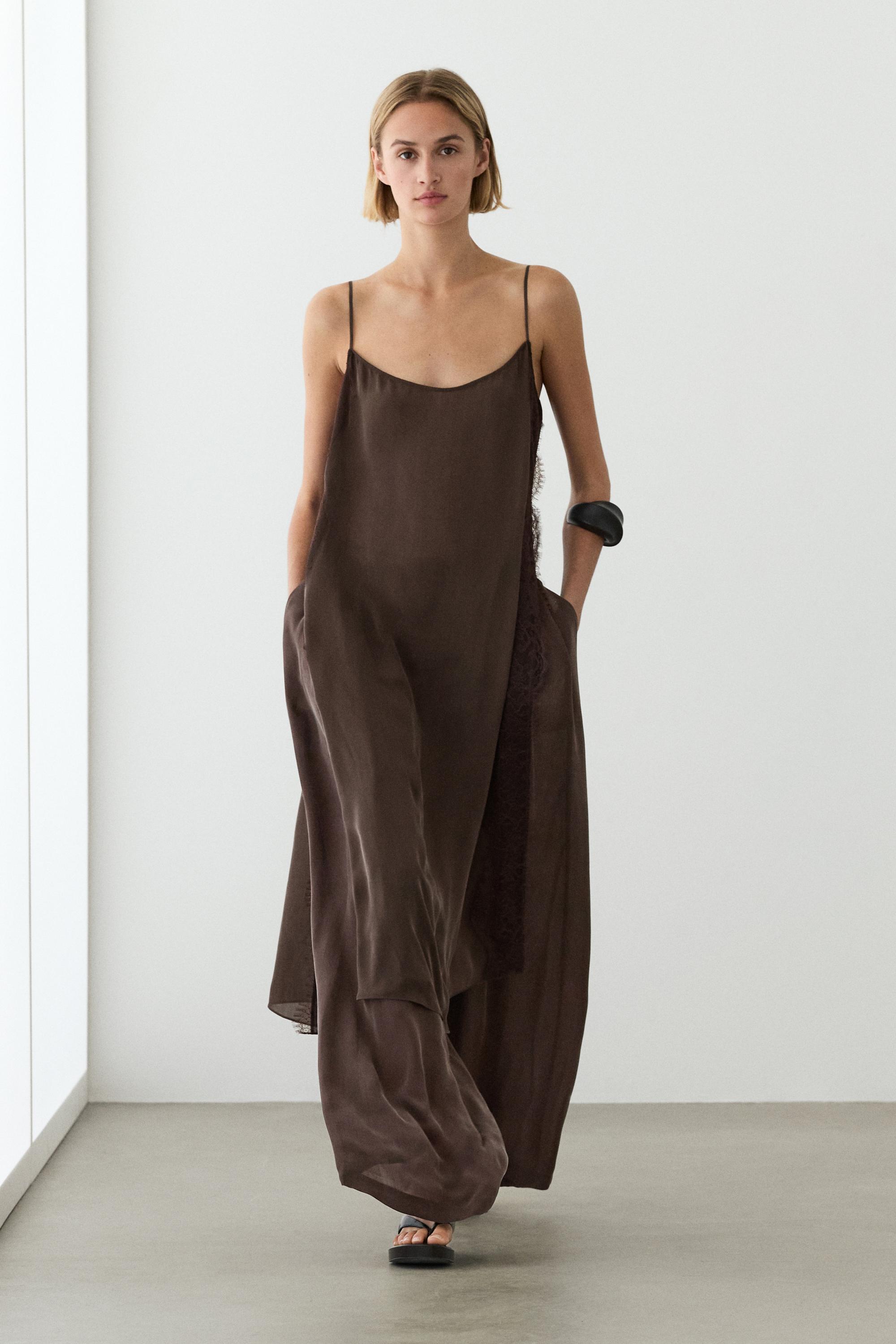 Total look camisole dress with lace detail — Chocolate