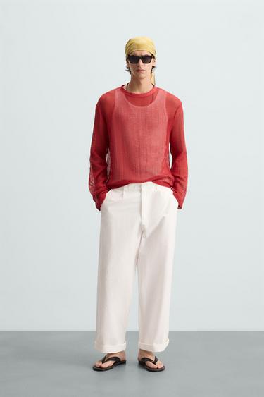OPEN TEXTURED T-SHIRT - Red by Zara - Image 0