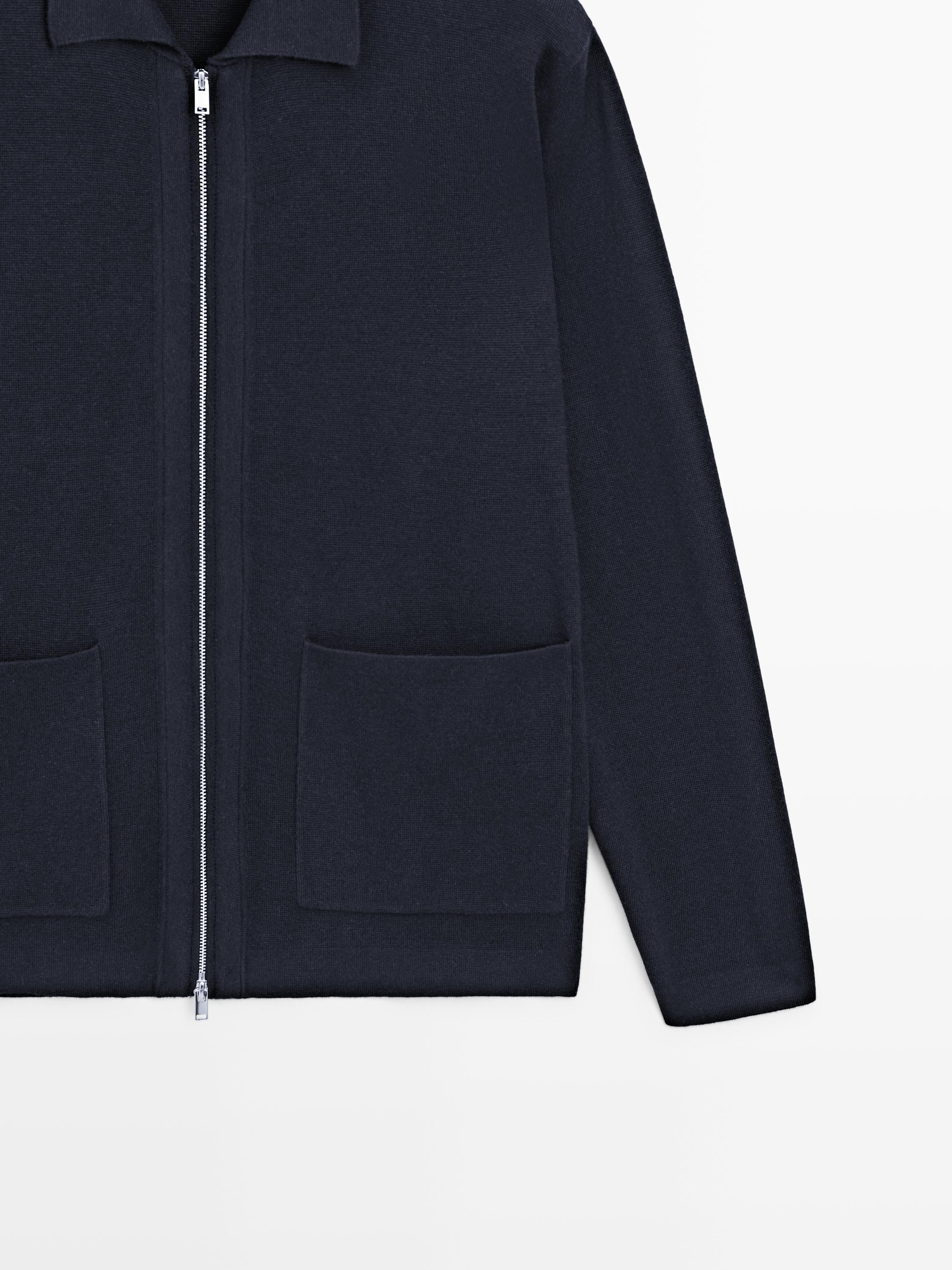 Zip-up knit cotton and wool blend cardigan with pockets