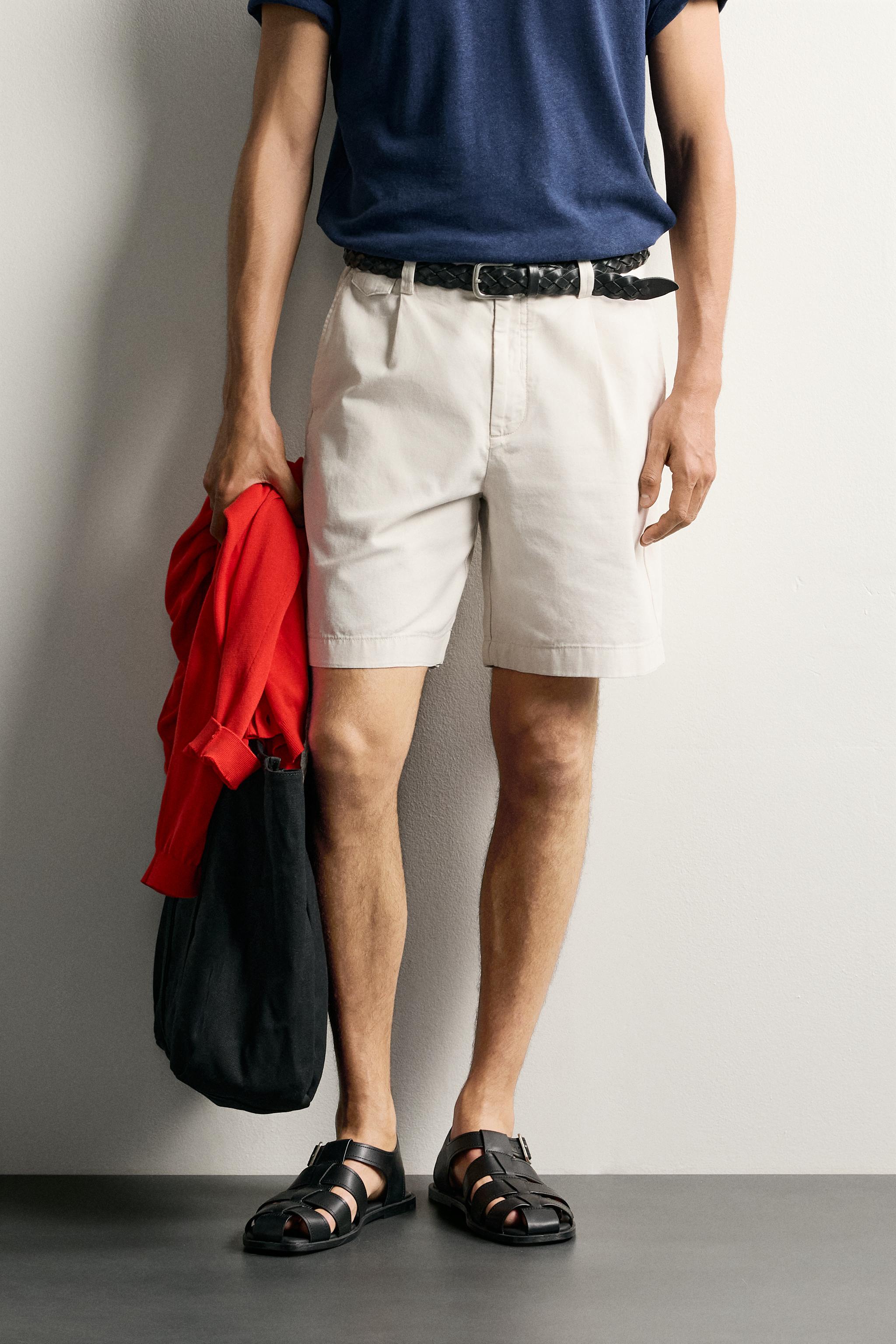 REGULAR FIT PLEATED SHORTS — Stone