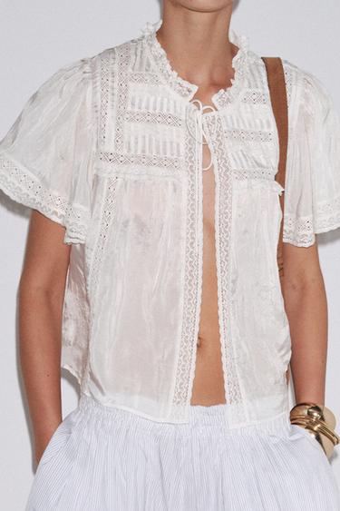 Zara ZW COLLECTION LACE SATIN EFFECT TOP - White