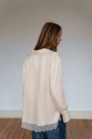 CHEMISE SATINÉE AVEC DENTELLE - Écru de Zara - Image 3