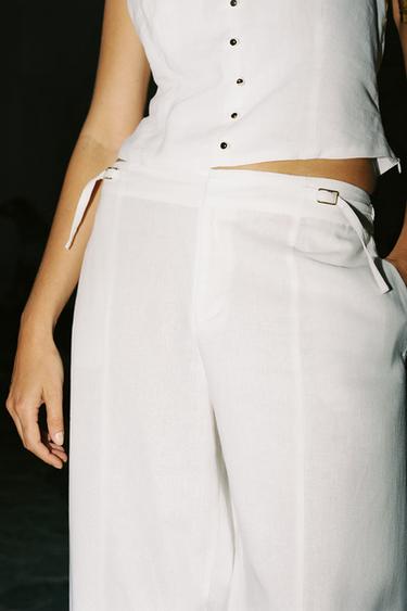 PANTALON LARGE À BOUCLES AVEC LIN - Blanc de Zara