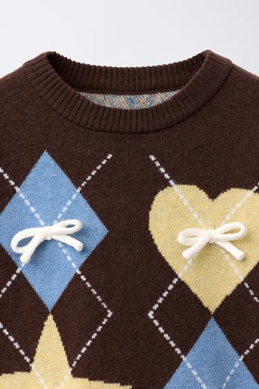 ARGYLE KNIT SWEATER WITH BOWS - Brown by Zara