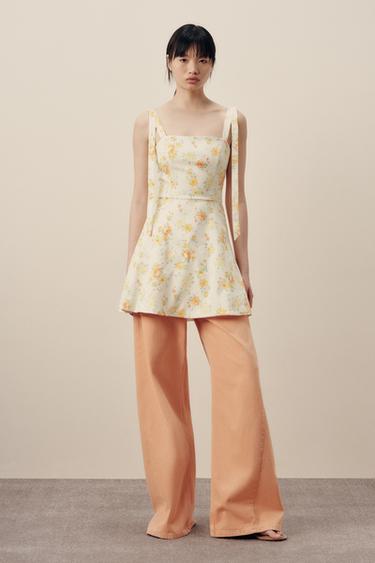 Zara 蝴蝶結飾花卉府綢洋裝 - 橙色