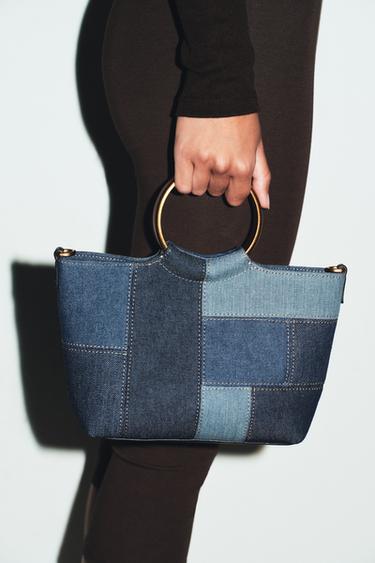 حقيبة توت باج صغيرة بتصميم رقعات - أزرق جينز الخاص بـ Zara