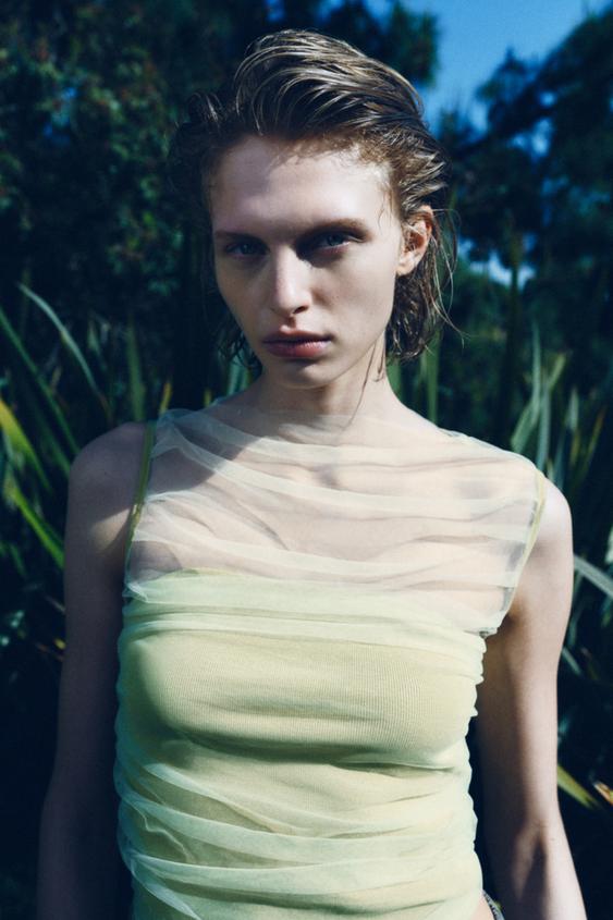 TOP EN MAILLE BIMATIÈRE AVEC TULLE - Vert de Zara - Image 0