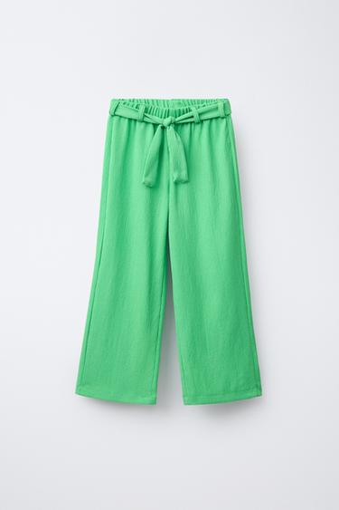 Zara TEXTURED WIDE LEG BELTED PANTS - Green