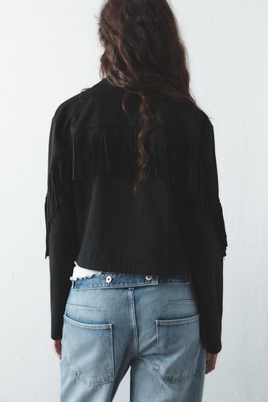 Zara FAUX SUEDE FRINGED JACKET - Black
