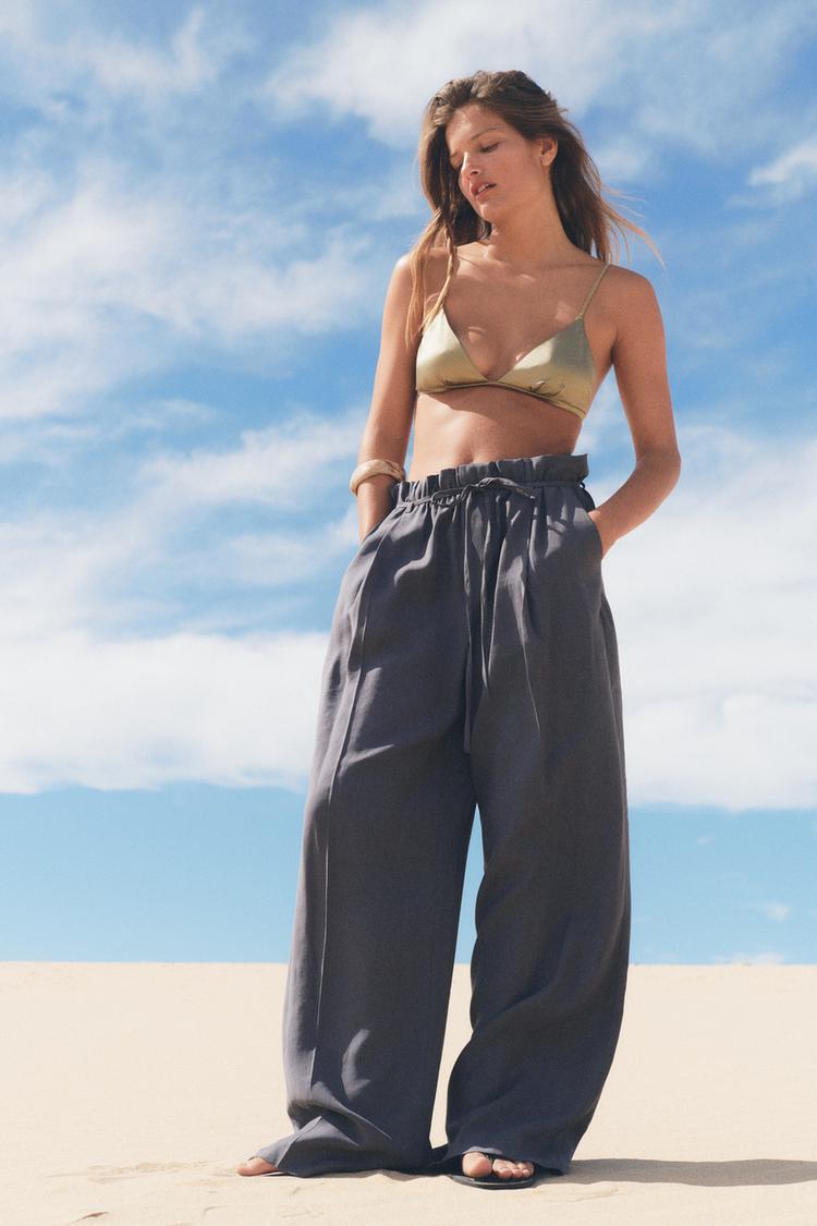 FLOWING PAPERBAG TROUSERS WITH BELT Blue Grey ZARA Australia
