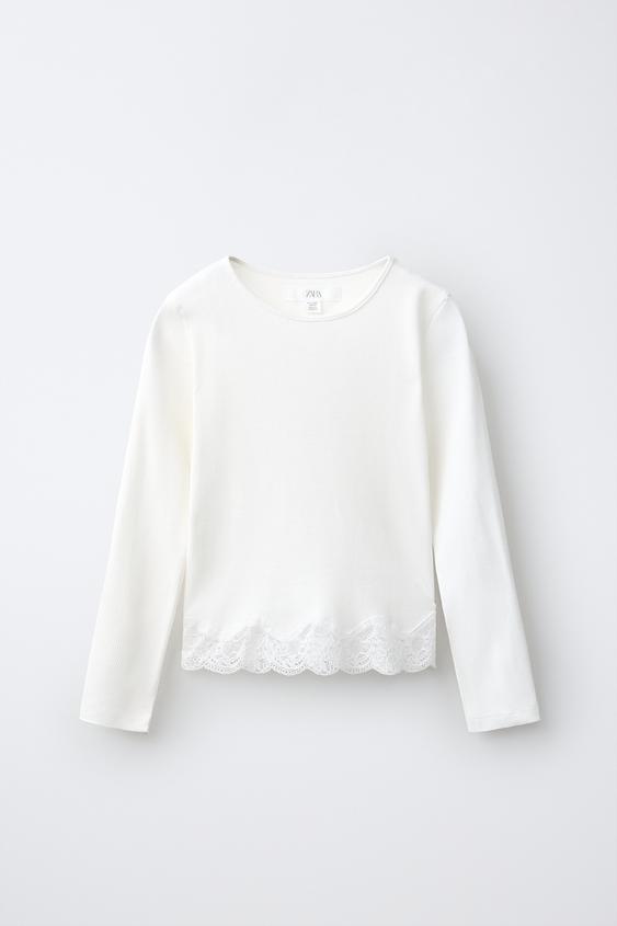 RIBBED LACE T-SHIRT - Oyster-white by Zara - Image 0