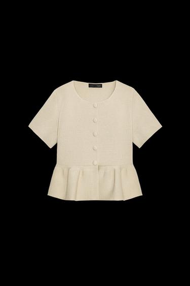 Zara PEPLUM SHORT SLEEVE CARDIGAN - Sand - Image 0