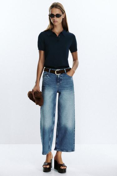 Zara Z1975 HIGH-WAISTED BELTED CULOTTE JEANS - Mid-blue