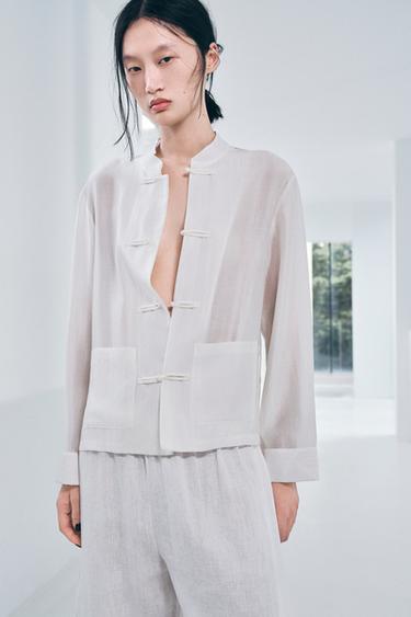 Zara ZW COLLECTION 繩結扣緞面襯衫 - 白色