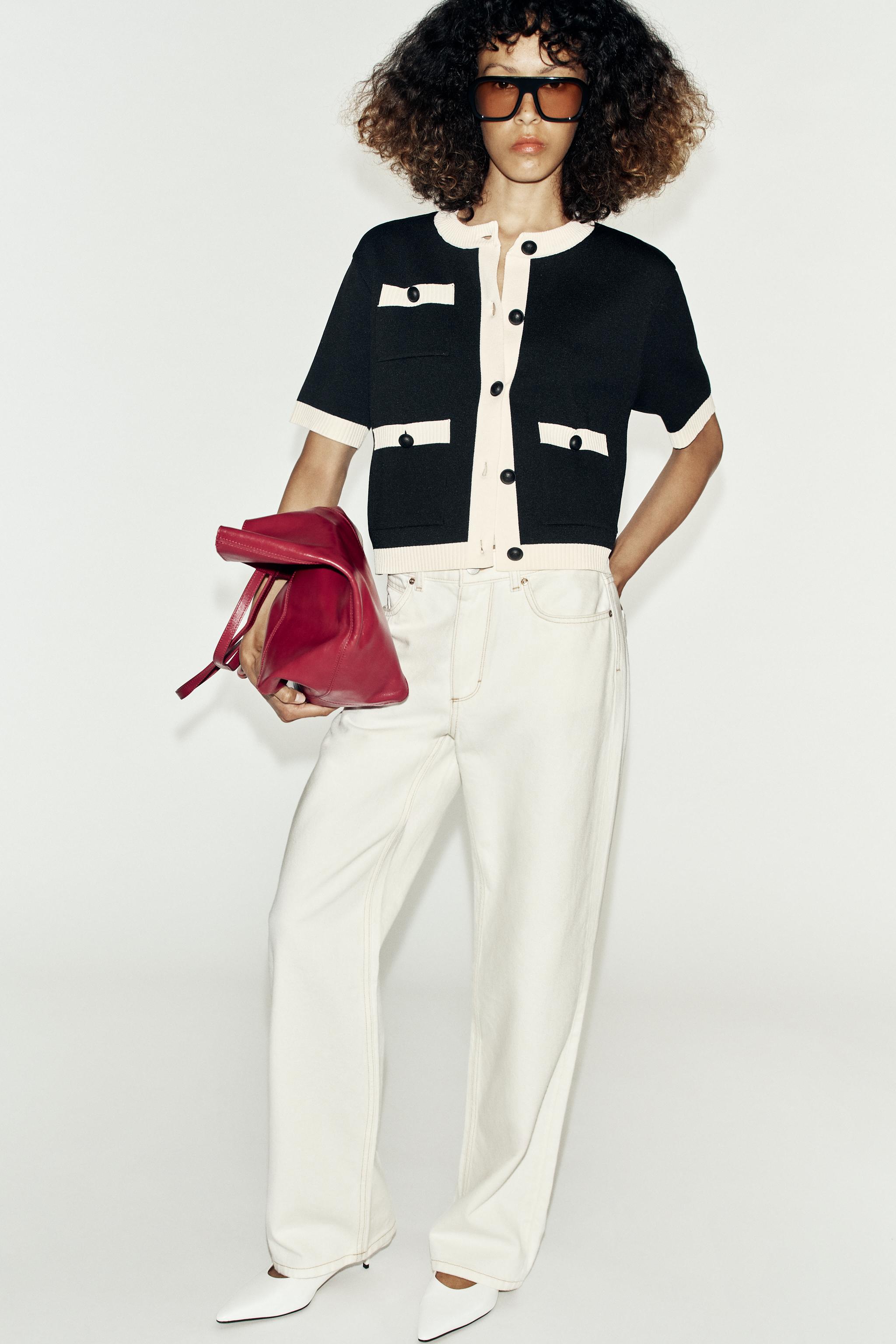 SHORT SLEEVE POCKET CARDIGAN — Black / White