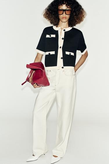 CHAQUETA PUNTO MANGA CORTA BOLSILLOS - Negro / Blanco de Zara