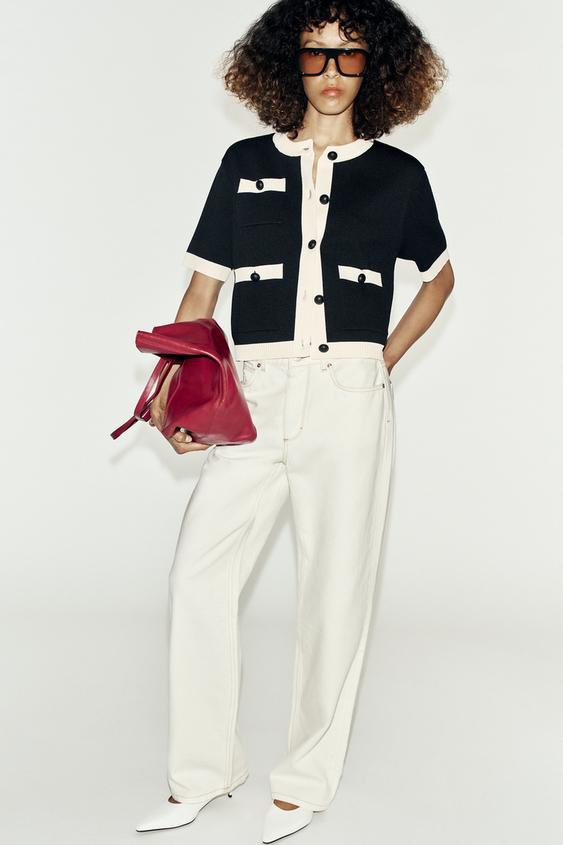 CHAQUETA PUNTO MANGA CORTA BOLSILLOS - Negro / Blanco de Zara - Imagen 0