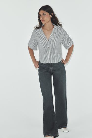 CAMISA MANGA CORTA CON LINO - Verde / Crudo de Zara - Imagen 0