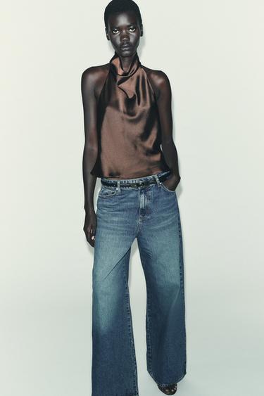 SATIN HALTER TOP - Brown by Zara
