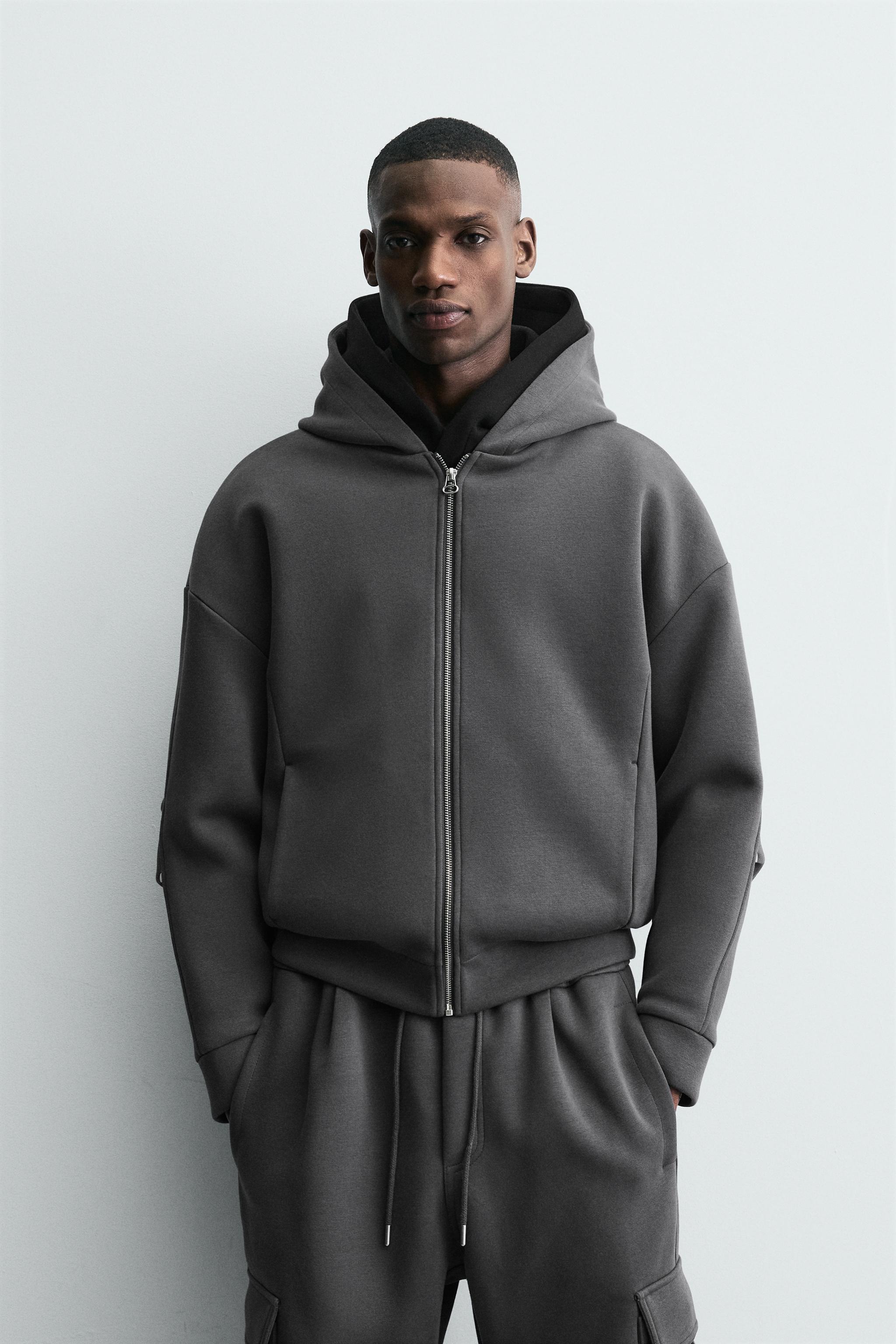 Zara NEOPRENE EFFECT HOODIE SWEATSHIRT WITH PLEATS at Mall of