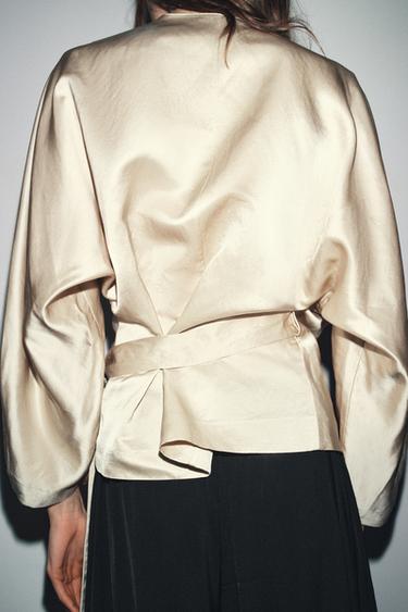 BLOUSE CROISÉE À LACETS AVEC LIN ZW COLLECTION - Beige de Zara - Image 4