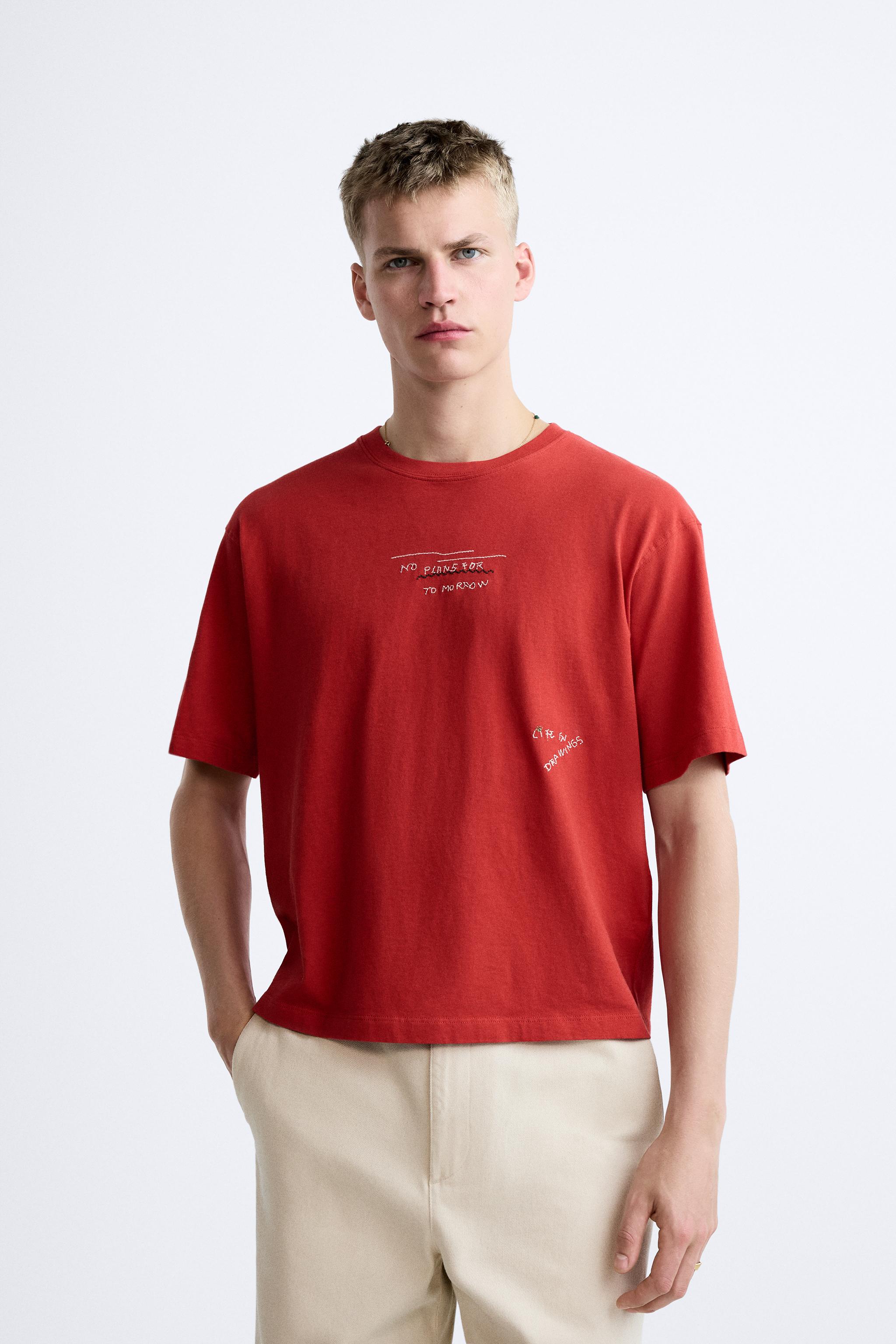 EMBROIDERED TEXT T-SHIRT - Red | ZARA United States