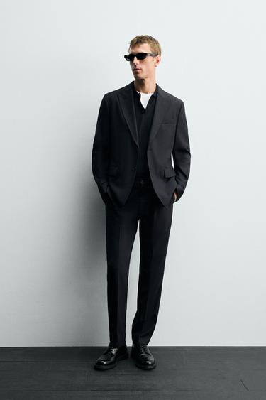 Zara HERRINGBONE SUIT PANTS - Navy blue