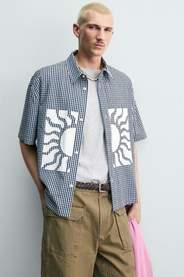 BOXY FIT SHIRT WITH CONTRAST CHECK PATCHES - Blue/White by Zara - Image 4