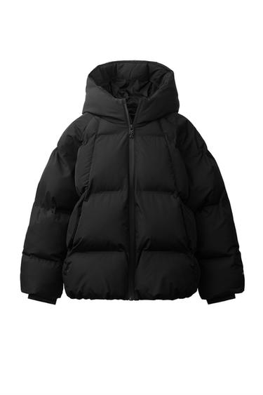 Zara WATER REPELLENT PUFFER HOODIE JACKET - Black
