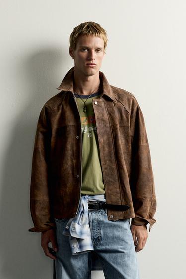 Zara WASHED EFFECT SUEDE JACKET - Brown