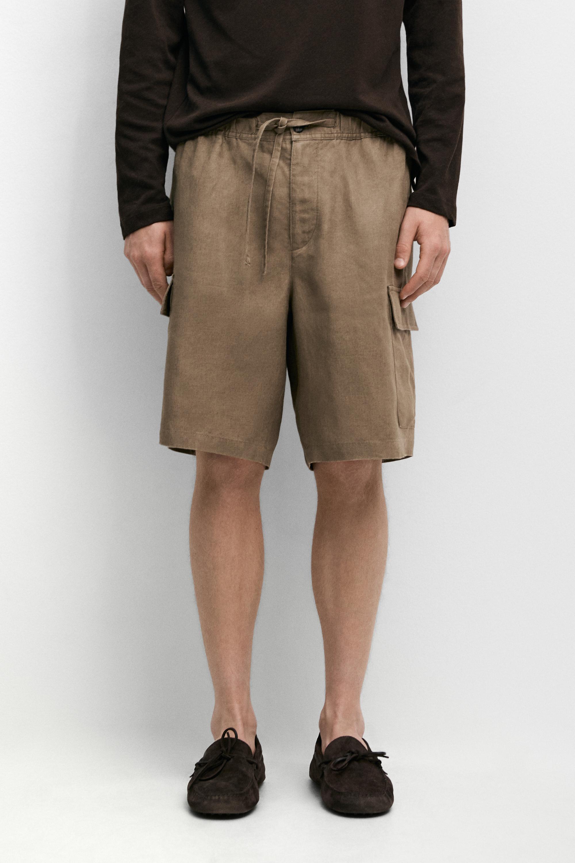 100% linen cargo Bermuda shorts — Khaki