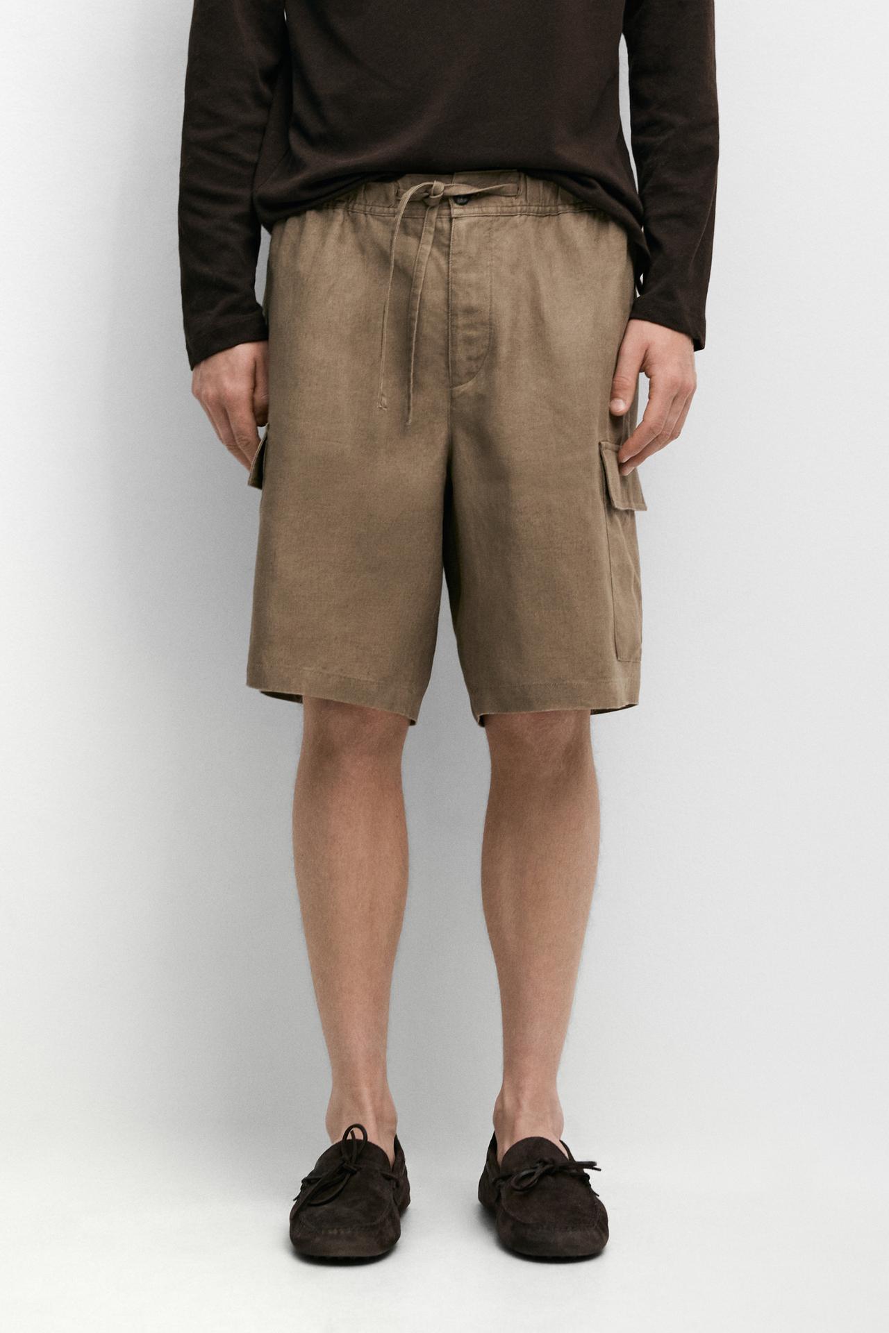 100% linen cargo Bermuda shorts — Khaki