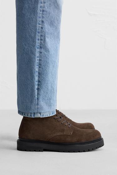 LEATHER LACE-UP BOOTS - Brown by Zara - Image 0