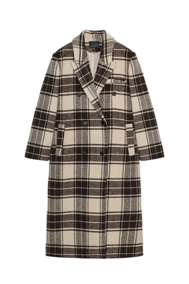 EXTRA-LONG CHECKED WOOL COAT - SAND/BROWN by Zara