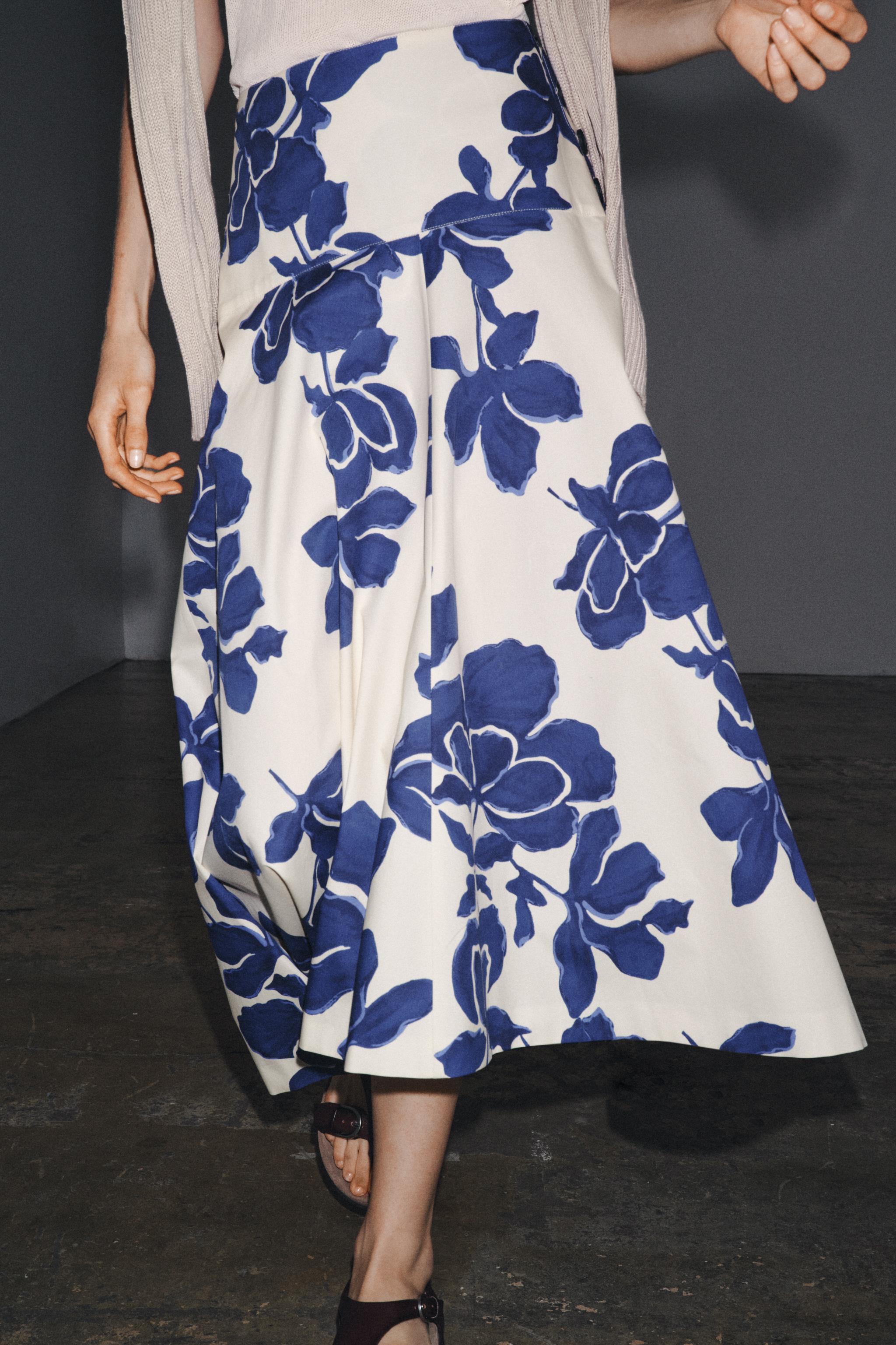 ZW COLLECTION FLORAL MIDI SKIRT - Ecru / Blue | ZARA United