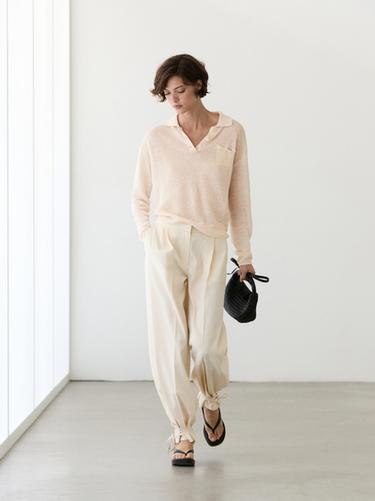 Pull fin en lin à col polo - Écru de Zara