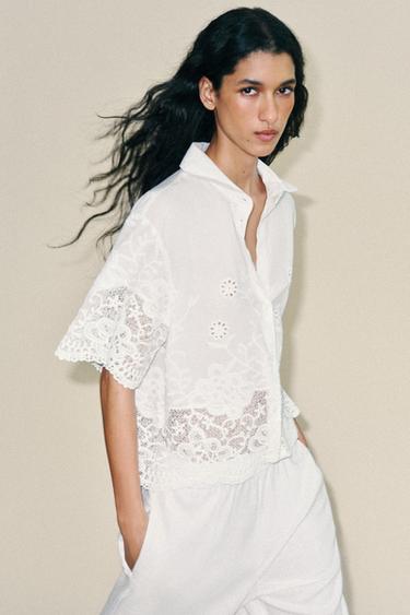 Zara EMBROIDERED EYELET SHIRT - White